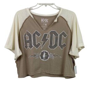 AC/DC Graphic Print Cropped Notch Tee Beige & White Womens Size XL